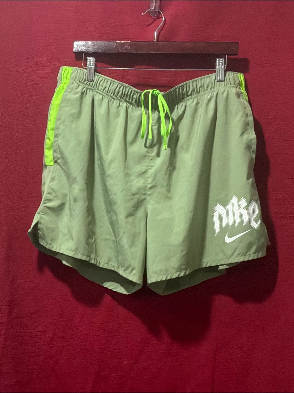 Nike Men’s Olive Green Athletic Shorts with Neon Green Trim